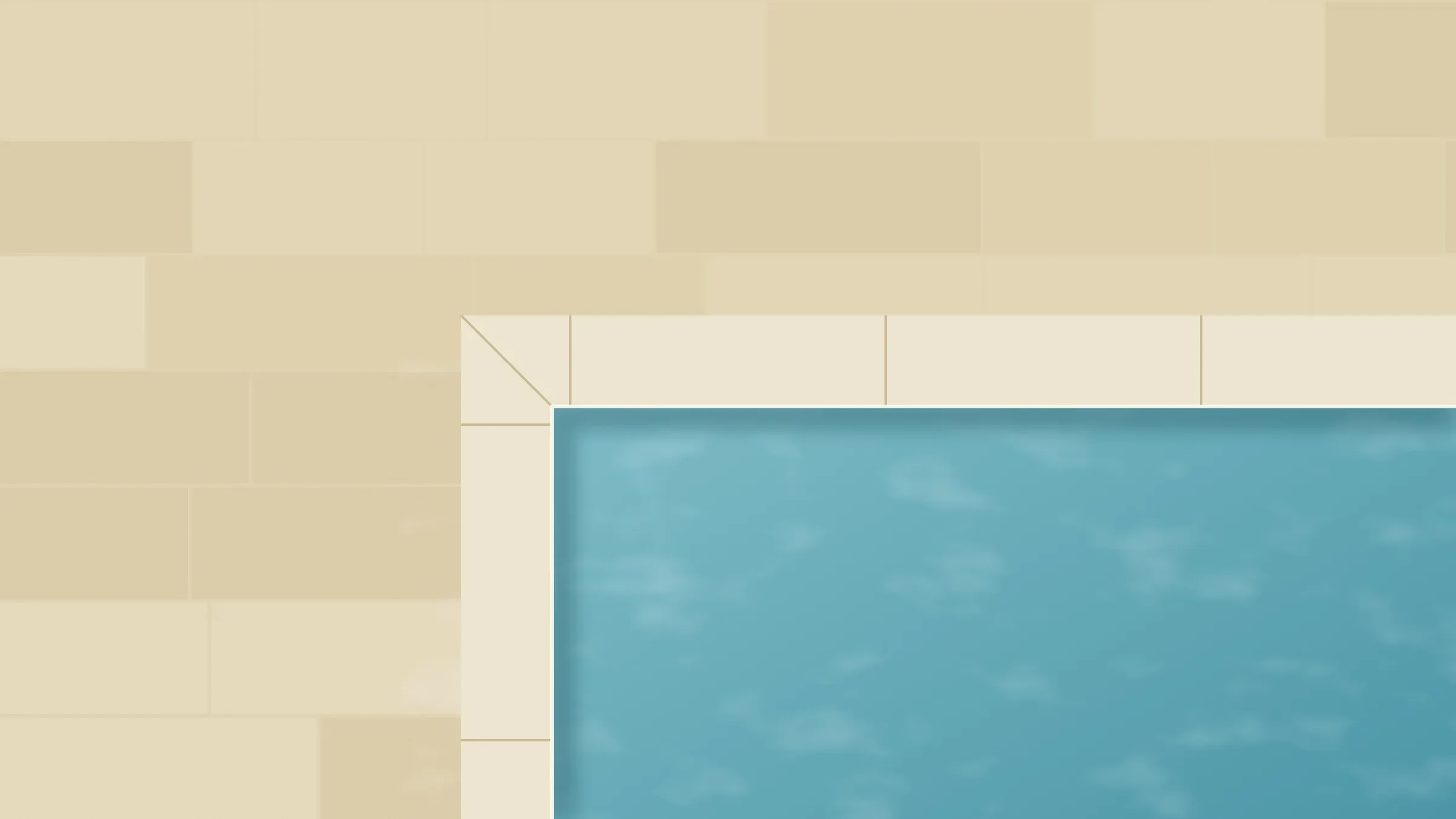 Ilustración en vista cenital de la esquina de una piscina con la coronación de piedra natural entre el pavimento perimetral y el agua